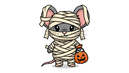 Mummy Mouse with Pumpkin: This charming illustration features a cute mouse transformed into a mummy, playfully holding a jack-o'-lantern. A perfect embodiment of the Halloween spirit.