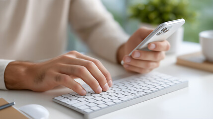 Fototapeta premium Hands typing on wireless keyboard with smartphone and notebook on white desk.