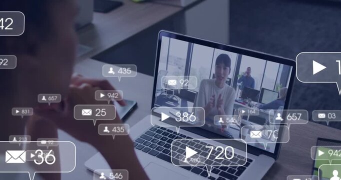 Viewer clicking laptop starting live stream watching speaker while showing marketing metrics rise
