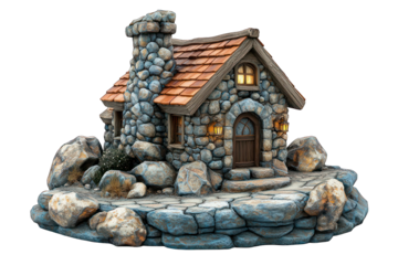 Cozy stone cottage with chimney, tiled roof, and warm light, set on stone platform