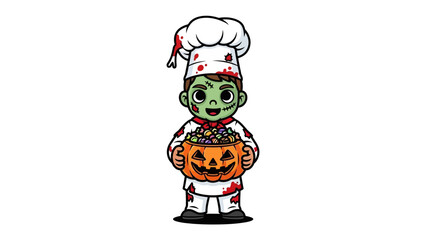 Zombie Chef's Halloween Treats: A spooky cartoon chef, with eerie green skin and a blood-splattered chef's hat, gleefully carries a carved pumpkin brimming with treats.