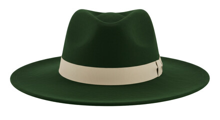 Elegant green fedora hat isolated, classic headwear with beige ribbon for formal occasions and...