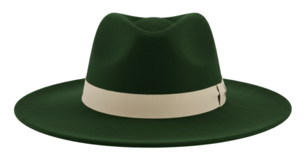 Elegant green fedora hat isolated, classic headwear with beige ribbon for formal occasions and stylish fashion accessory