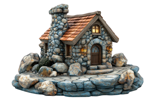 Cozy stone cottage with chimney, tiled roof, and warm light, set on stone platform