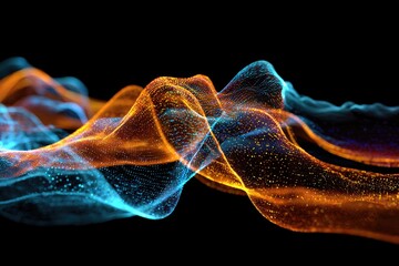 Abstract rendering of undulating lines of particles in vibrant orange and teal against a black background