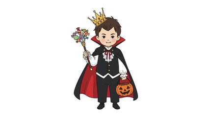 Halloween Prince's Delight: A regal prince in a classic Halloween costume, holding a festive candy bag and a magical wand, embodying the spirit of trick-or-treating.