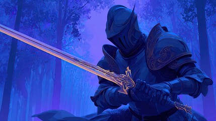 Knight in ornate armor holds glowing sword in forest under bluish twilight