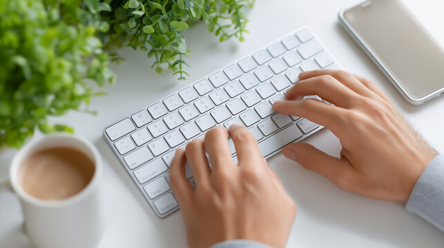 Hands typing on wireless keyboard with smartphone and notebook on white desk.