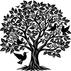 Vibrant summer tree illustration with lush green foliage and small birds perched on branches perfect for nature and seasonal designs