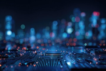Close-up of a circuit board with a city skyline blurred in the background