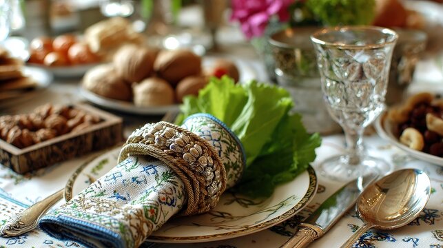 Elegant Table Setting Featuring Floral Patterned Napkin Ring with Linen and Embellishments