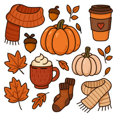 A collection of autumn-themed vector illustrations featuring cozy seasonal items: pumpkins, acorns, scarves, socks, coffee cups, and fall leaves. Designed in warm, soft tones of orange and brown