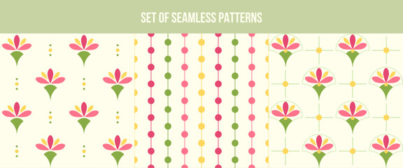 A set of seamless vector patterns. Delicate spring flowers and shapes on a light background. A collection  for packaging, wallpaper, textiles, background.