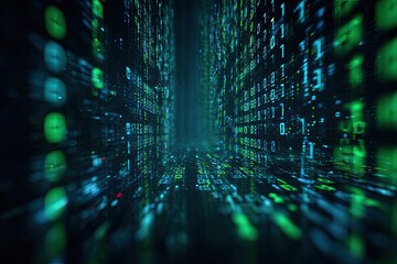 Abstract visualization of digital data flow, depicting a corridor of binary code in green and blue hues