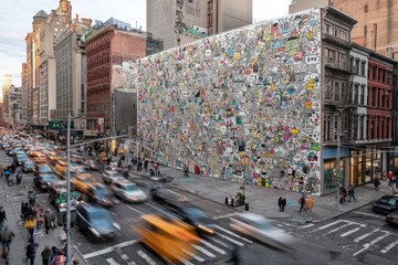 Urban street scene, large mural, busy traffic, pedestrians, multi-story buildings, city view