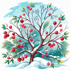 Delicate watercolor illustration of bare tree branches adorned with soft falling snow evoking a serene winter landscape and peaceful natural beauty