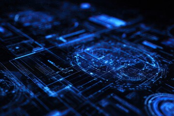 Abstract futuristic digital circuit board. Bright blue hues, intricate lines, and a technological display