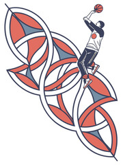 Minimilist illustration of a basketball player shooting with an abstract celtic knot design in the background vector