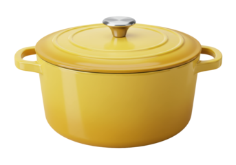 Yellow enameled cast iron dutch oven with lid isolated, cooking pot for soups and stews on a no background PNG