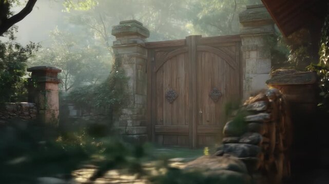 Ancient stone gateway with weathered wooden doors, overgrown with ivy in a sun-dappled forest
