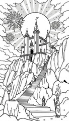 Minimilist a castle atop a mountain with a long staircase and people climbing it, and fireworks in the sky above it vector