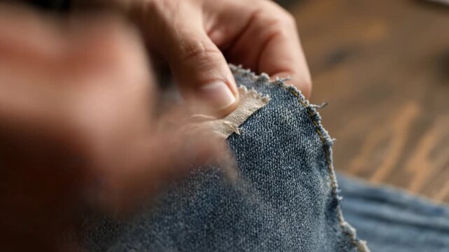 Craftsmanship in Denim Repair Hand Sewing Patches for Sustainable Fashion, Highlighting Textile Detail and Art of Mending with Careful Attention to Fabric Quality