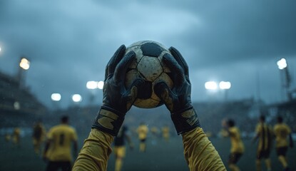 Goalkeepers triumphant catch - Soccer ball held high in victory.