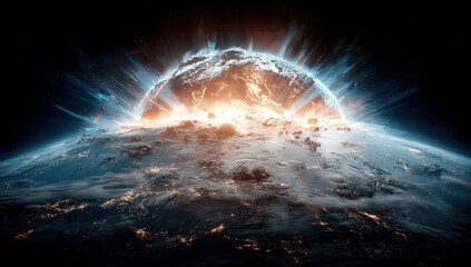 Planet in Deep Space Colliding with Asteroid Creating Intense Blue And Orange Explosion