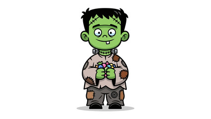 Cute Frankenstein with candy: A charming Frankenstein illustration, complete with endearing features, cradles a handful of colorful candy in his hands. A joyful embodiment of Halloween spirit.
