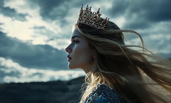 Queen Esther Wearing a Crown in Desert Landscape. Biblical Story Illustration of Faith and Courage