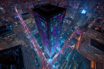 High-angle view of a towering skyscraper illuminated with neon lights in a city at night