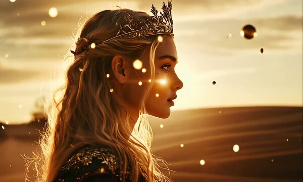 Queen Esther Wearing a Crown in Desert Landscape. Biblical Story Illustration of Faith and Courage