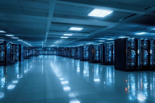 A cool-toned, expansive server room with rows of racks emitting a blue glow, reflecting on the floor