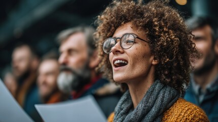 A young mixed-race woman with curly hair and glasses sings joyfully in a crowd. Men with beards and diverse hairstyles are visible in the background.