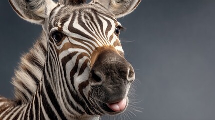 Fototapeta premium Close-up of a zebra with distinctive black and white stripes. The zebra has a playful expression, showcasing its unique features against a dark background.