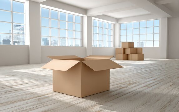 Empty Room with Moving Boxes and Large Windows on a Sunny Day - Powered by Adobe