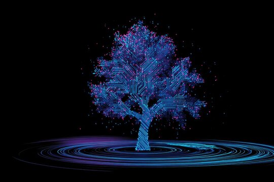 Digital artwork showing an abstract tree with a circuit board design and luminous, colorful particles