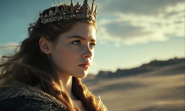 Cinematic Scene of Queen Esther with a Crown in the Desert. Representing of Royalty, Leadership, and Devotion