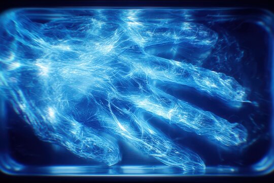 Ethereal hand emerging from translucent blue waters captured in surreal lighting evoking themes of isolation and the delicate balance between reality and abstraction