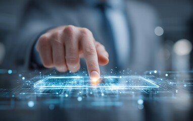 Executive leader utilizing futuristic holographic tablet to interact with advanced digital technology