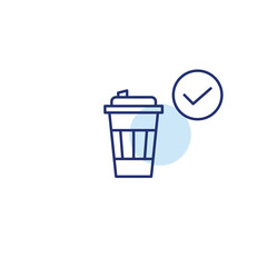 Takeaway coffee cup and checkmark. Order approved, sweets and breakfast menu. Pixel perfect, editable stroke vector icon