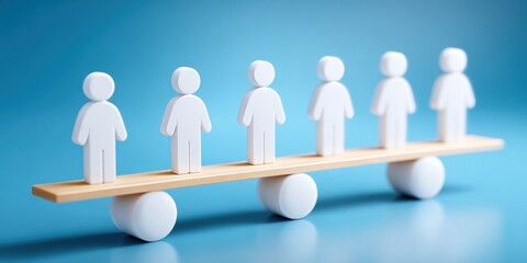 Balanced figures on a wooden beam representing teamwork, collaboration, stability, unity, success, cooperation, achievement, leadership, and organizational growth in professional setting