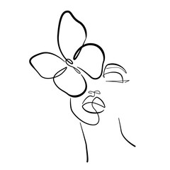 Female Face with Butterfly One Line Drawing. Butterfly on Woman Face Minimalistic Black Lines Drawing. Beauty Line Abstract Drawing for Trendy Minimalist Design. Vector EPS 10	