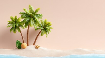 Obraz premium Beautiful tropical beach with lush palm trees, soft white sand, clear ocean water, vibrant scenery, and a peaceful holiday atmosphere perfect for relaxation and travel