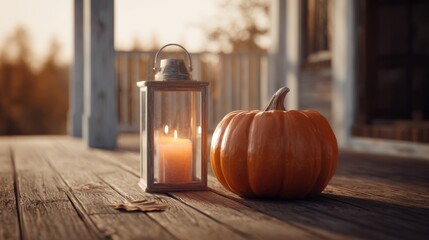 A vibrant orange pumpkin rests beside a lit lantern on a rustic wooden porch, capturing the cozy essence of autumn.