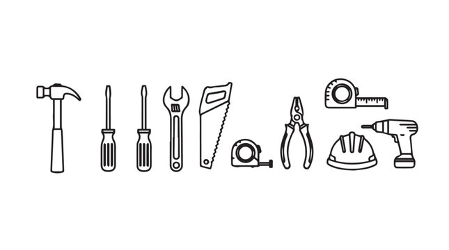 Collection of construction and repair tools hand drawn style set isolated on vector