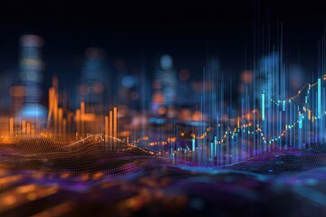 Digital abstract cityscape with data visualizations showing charts and graphs in orange and blue