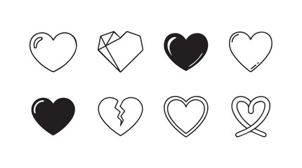Collection of eight unique heart shapes in various styles and fill for romantic and love themes vector