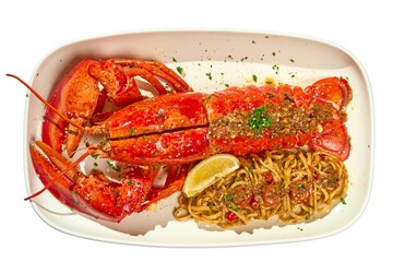 Whole Grilled Lobster with Butter Sauce and Spaghetti with Meat Sauce, Served on a White Platter