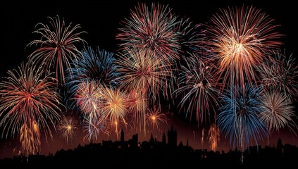 Festive Fireworks Display Illuminated Against Black Sky with Silhouette Cityscape